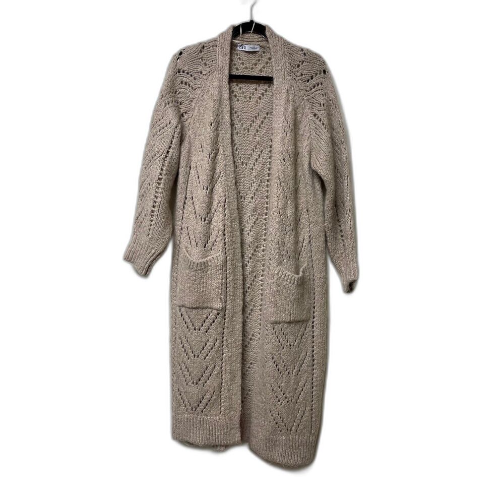 ZARA Wool Blend Pointelle Knit Open Front 3/4 Length Cardigan Sweater, Sz M
